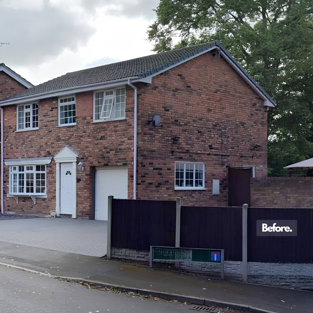 Brick house with attached garage before a large two-storey extension in Stone