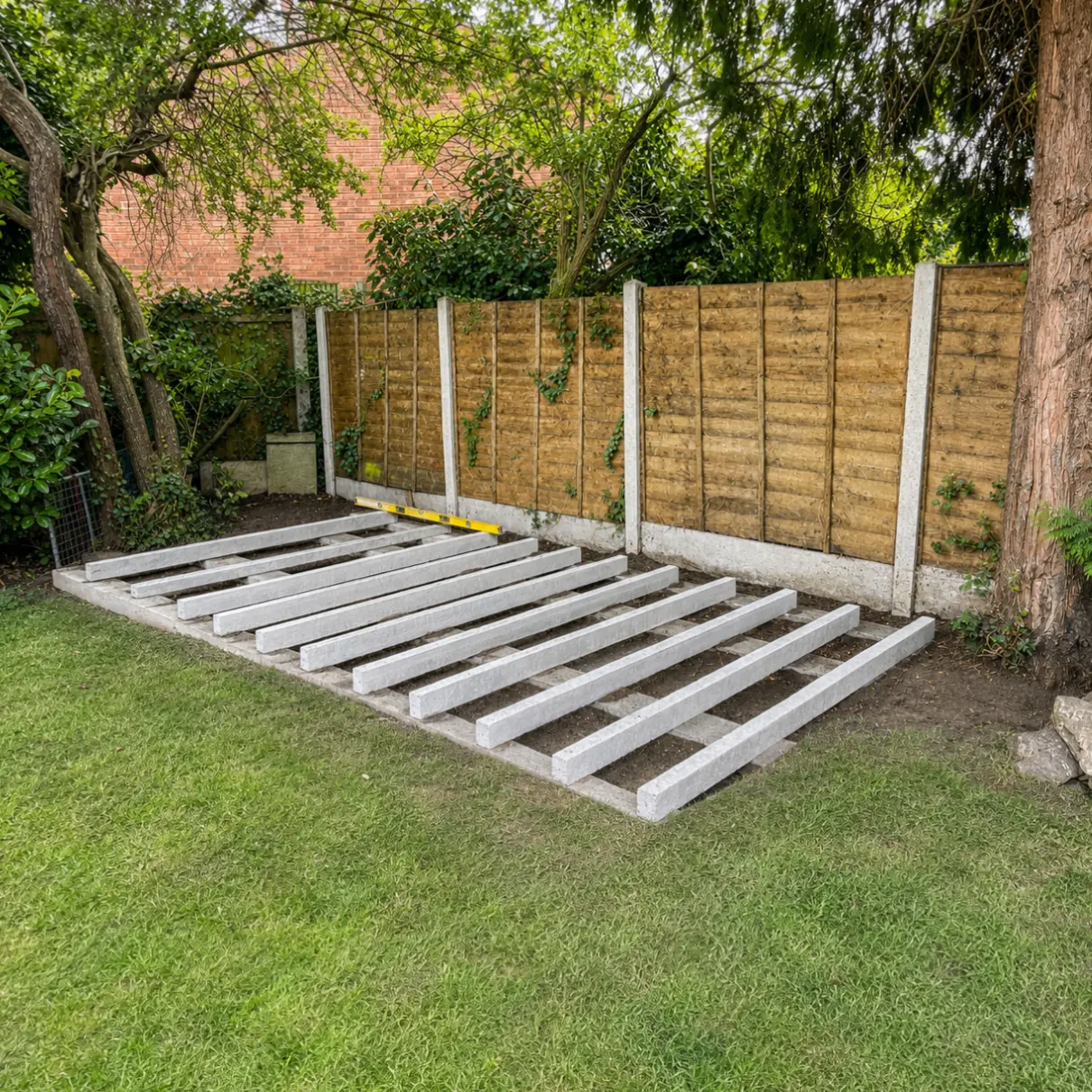 Levelled concrete bearer base set out for a bespoke garden room in Penkridge