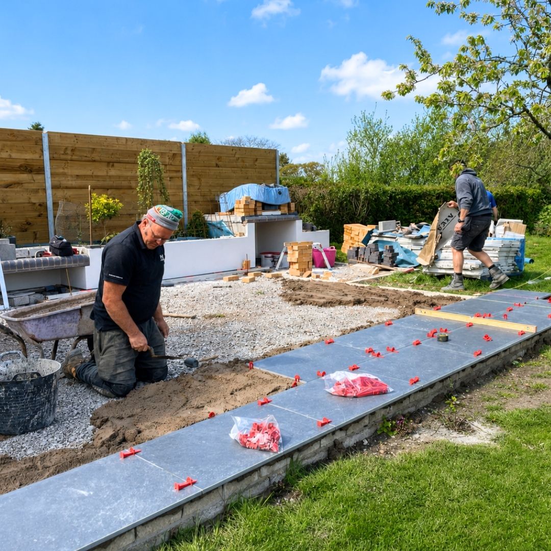 Dixon Construction team laying porcelain patio slabs beside the pizza oven base in a Penkridge garden