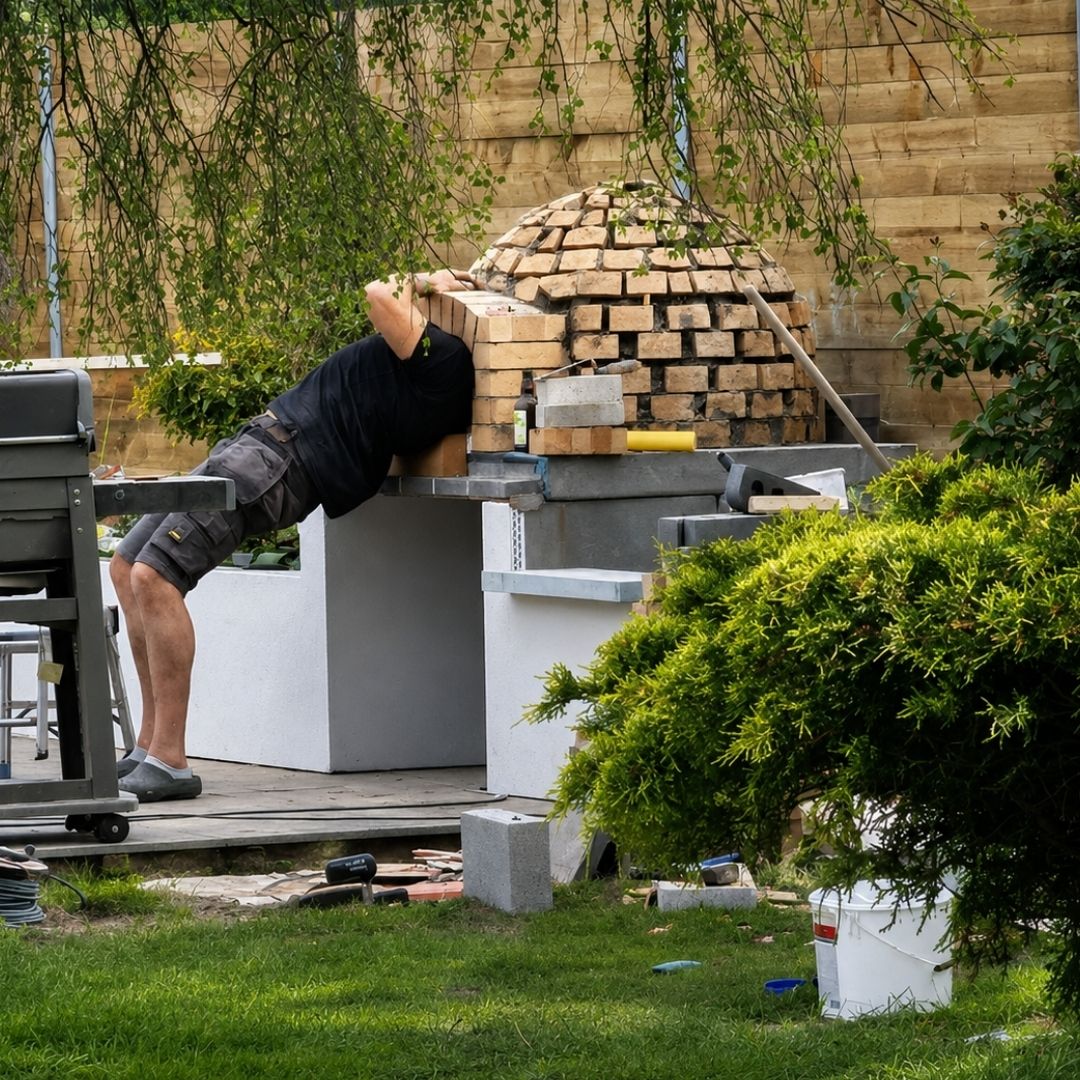 Brick dome of a wood-fired pizza oven being built by hand in a Penkridge garden