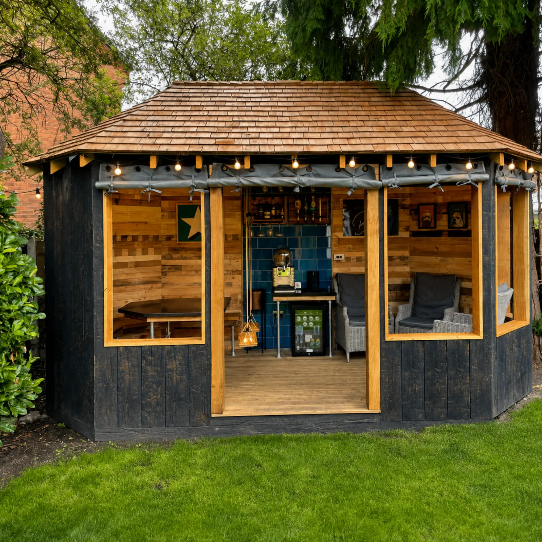 Bespoke timber garden room with cedar shingle roof and fitted bar in Penkridge